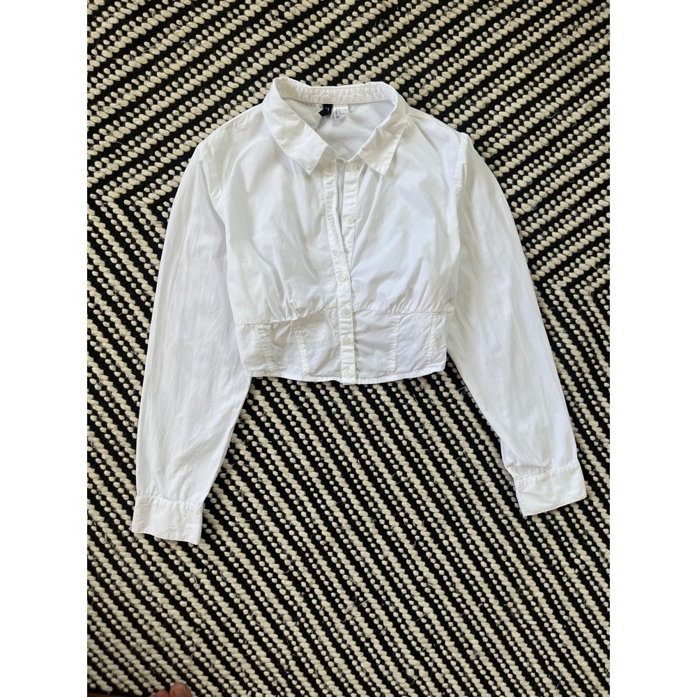 HM Divided White Cropped Corset Button Down Shirt Long Sleeve Cotton Large